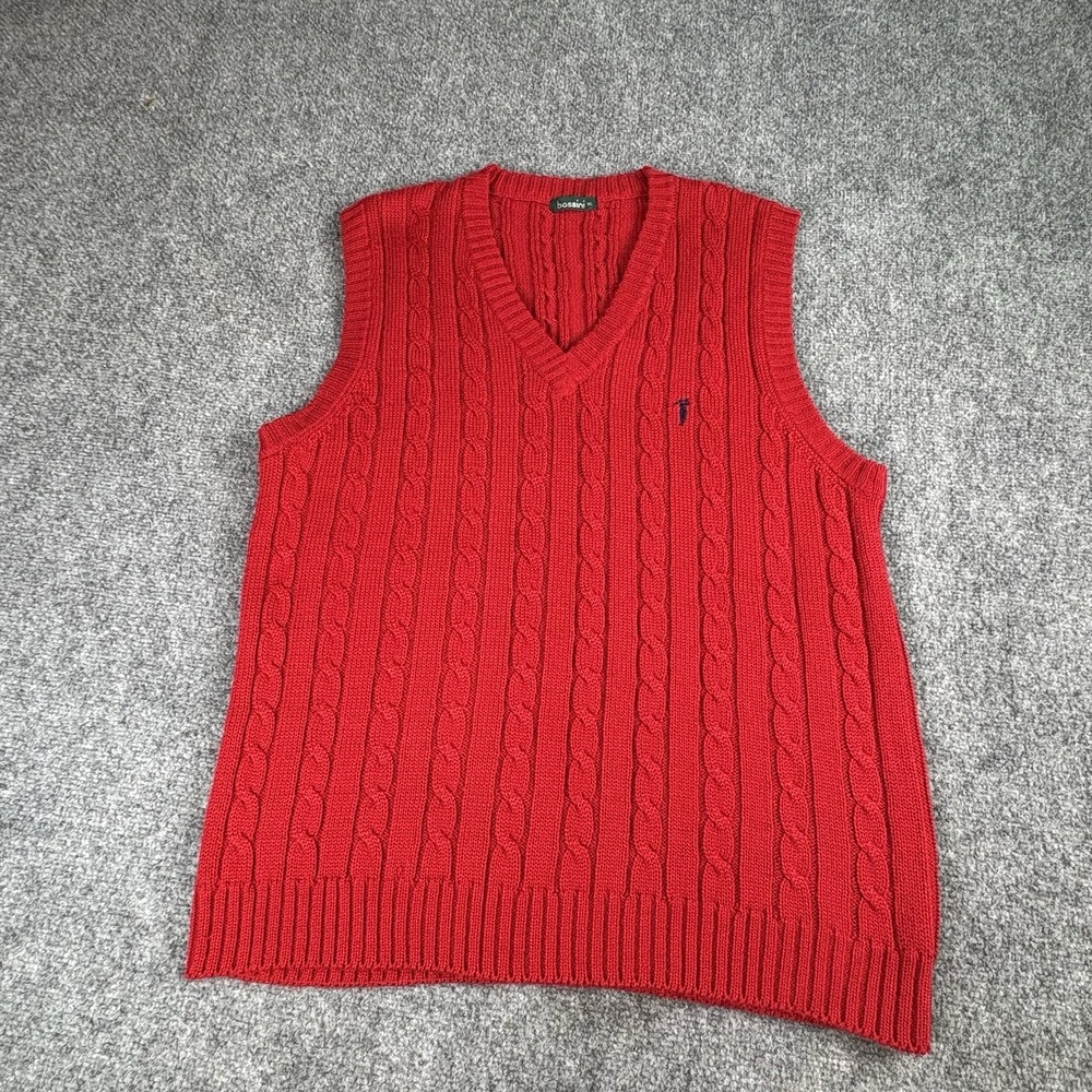 Bossini Sweater‎ Vest Men XL Red Cable Knit Wool Blend Chunky Preppy Academia